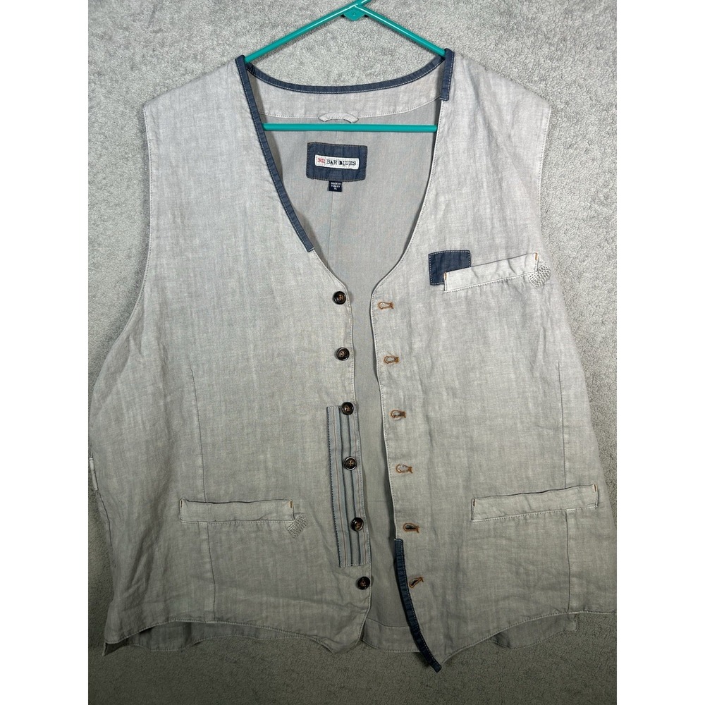 32 Bar Blues Men's XL Gray V-Neck Button Front Vest Lightweight 100 % linen